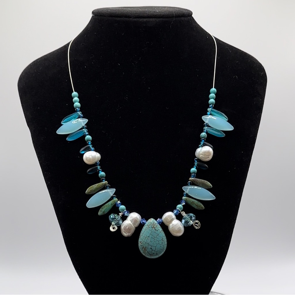 *RARE* Genuine Pearl Turquoise Austrian Crystal S925 Glass Bead Wire Necklace